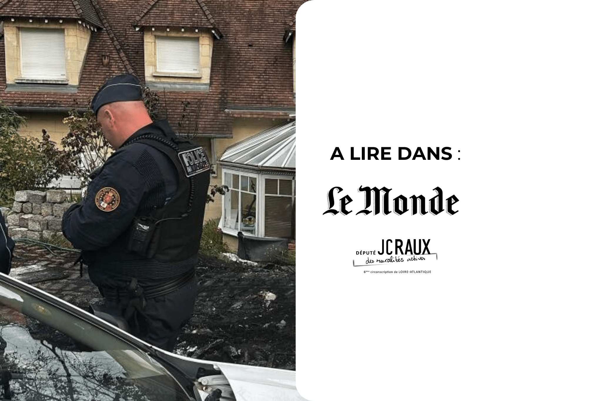 Un policier surveille le domicile du maire de l’Haÿ-les-Roses (Val-de-Marne), Vincent Jeanbrun, le 2 juillet 2023, après que des émeutiers ont attaqué sa maison en voiture-bélier, blessant la femme et l’un des enfants de l’élu. NASSIM GOMRI / AFP